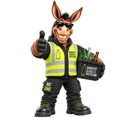 Big Dunc holding a Doorstep Glass Recycling box
